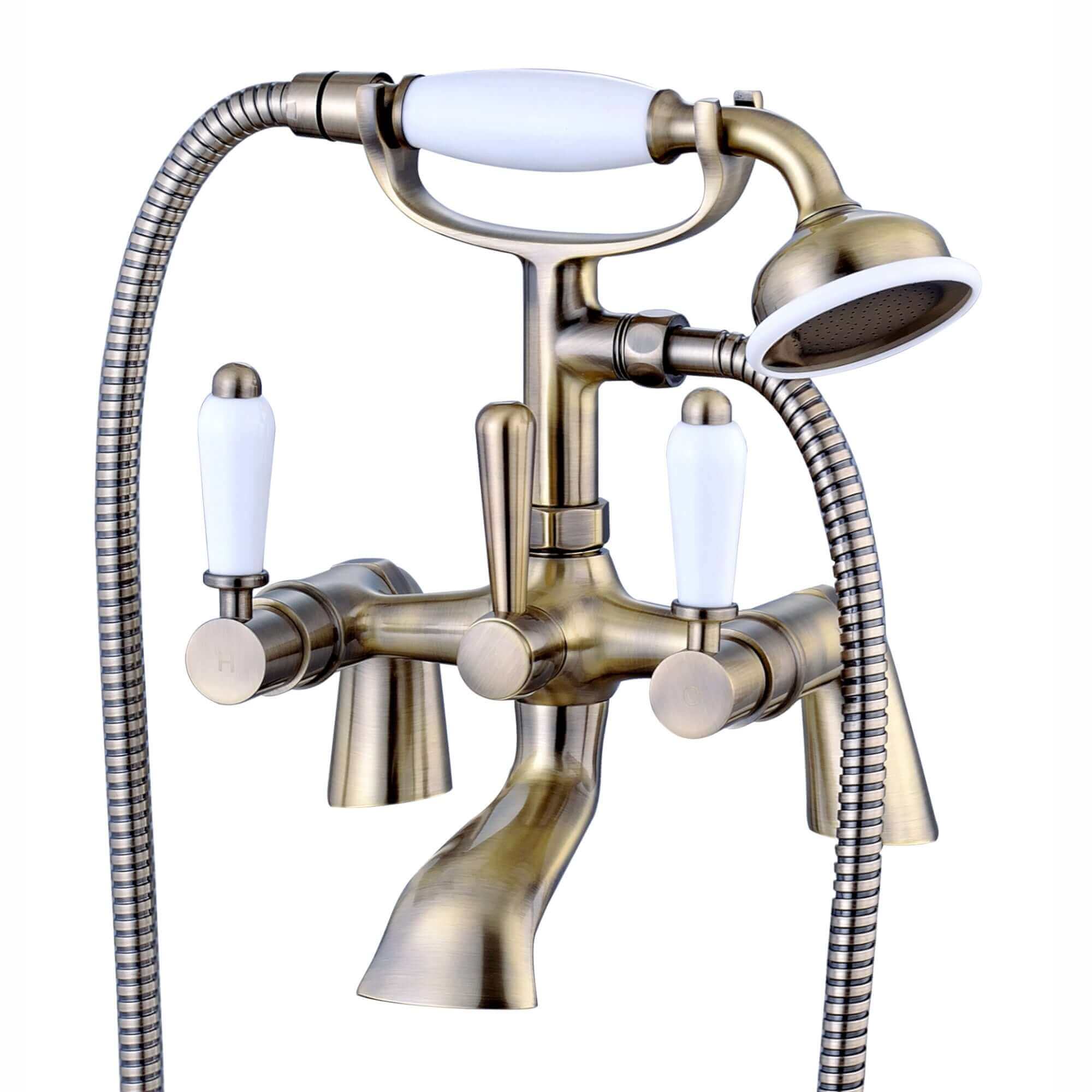 Buy Downton bath shower mixer tap with white ceramic levers - antique brass Online UK | HOUSE OF ENKI